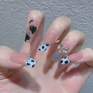 Press on black white cow animal print Diamond nails long